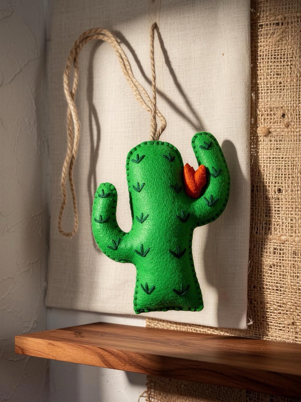 Hand Crafted Green Cactus Felt Bag Charm with Orange Flower